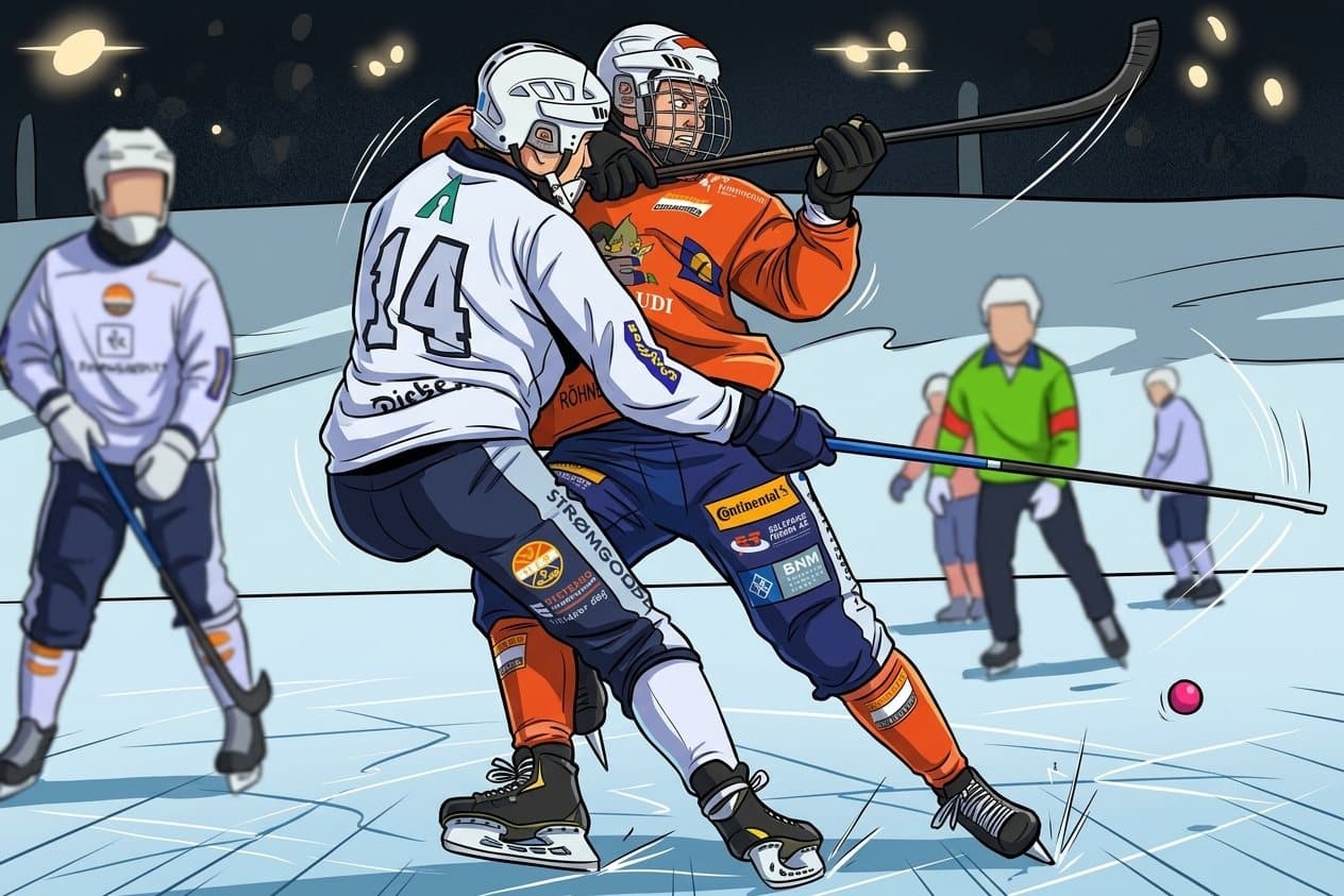 Tegning av to bandyspillere i duell på isen i flomlys